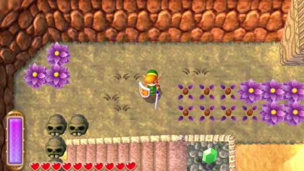 Link stands on the grass beside three skulls, with purple flowers and a fence nearby in Lorule