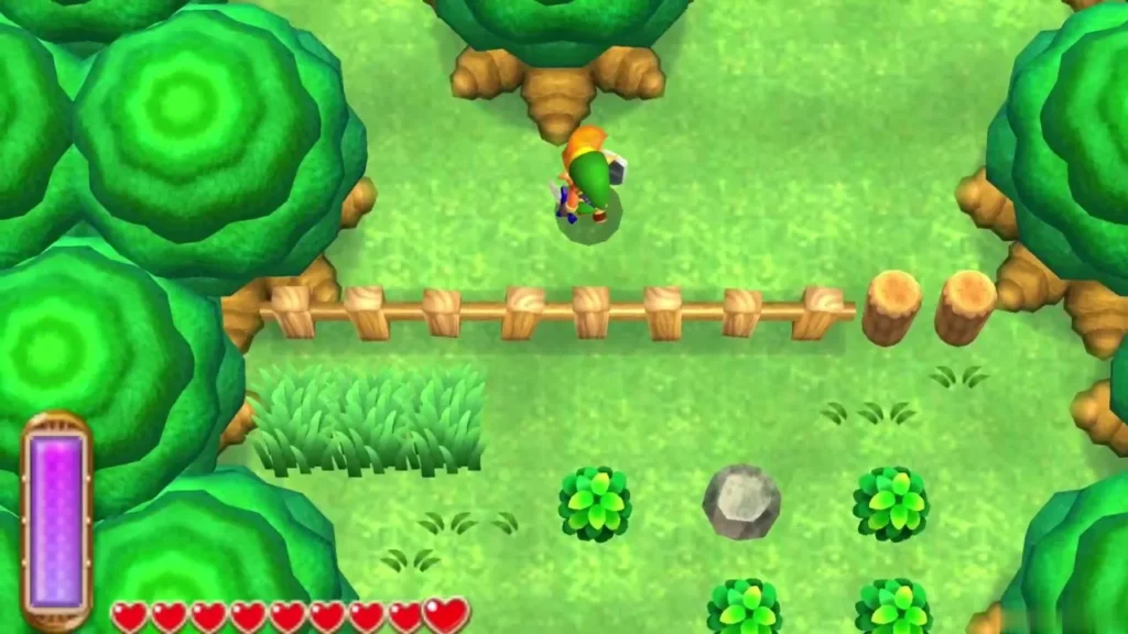 Link in a fenced grass clearing facing a small grey rock between two wooden fences Link in a fenced grass clearing facing a small grey rock between two wooden fences