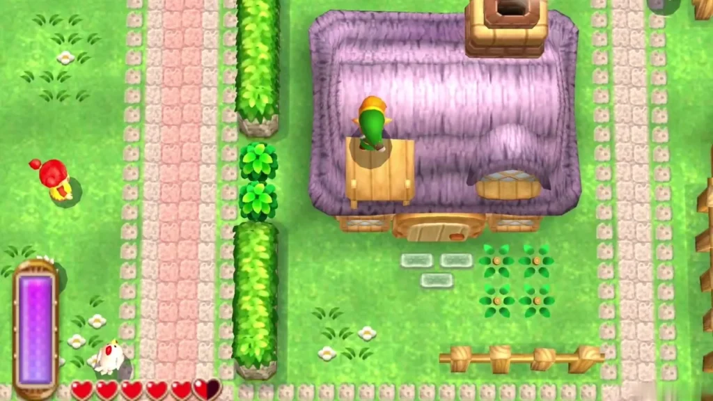 Link standing on a purple thatched roof in Kakariko Village beside a wooden crate Link standing on a purple thatched roof in Kakariko Village beside a wooden crate