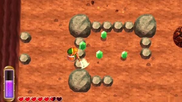 Link inside a ring of stone pegs and large grey boulders on Lorule's Death Mountain