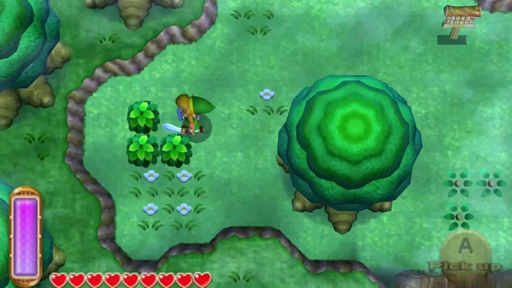 Link with his sword drawn among green bushes beside a big round tree and a sign in the Lost Woods Link with his sword drawn among green bushes beside a big round tree and a sign in the Lost Woods