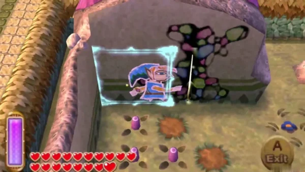Link merged into the wall of a small stone structure in Thieves' Town, with the Exit prompt showing
