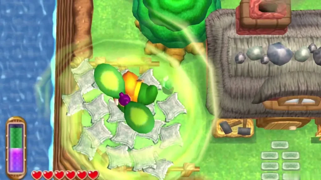 Link on a green gust that scatters floor panels in the fenced yard beside the Blacksmith's Forge Link on a green gust that scatters floor panels in the fenced yard beside the Blacksmith's Forge