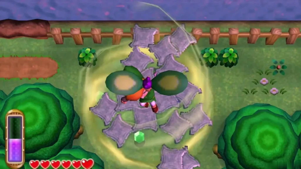 Link on a green gust above a cluster of floor panels between two round trees by a wooden fence Link on a green gust above a cluster of floor panels between two round trees by a wooden fence