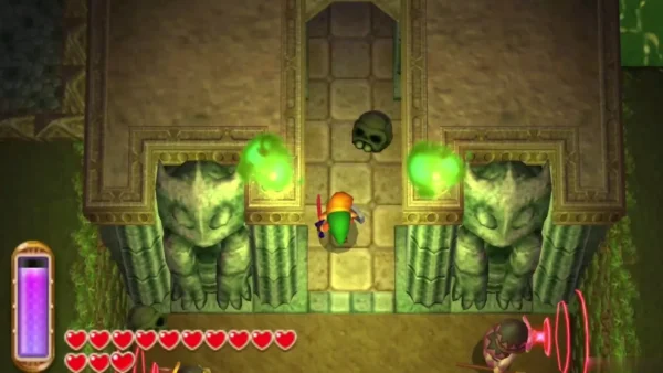 Link between two green flames beside carved stone statues in a Lorule passage
