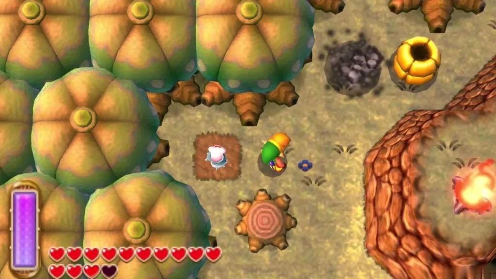 Link beside a bare dirt patch where a Maiamai sits, with a cut tree stump just below and umbrella trees around Link beside a bare dirt patch where a Maiamai sits, with a cut tree stump just below and umbrella trees around