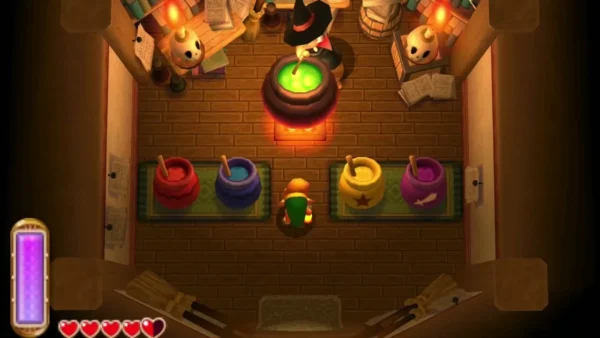 Interior of the Witch's House with a cauldron and potion pots on rugs