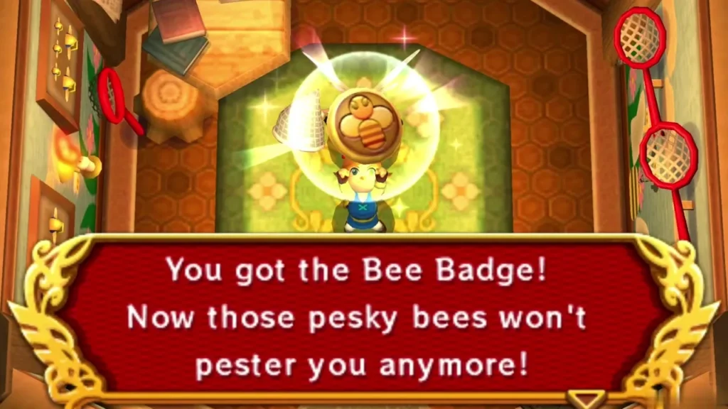 Link raising the Bee Badge overhead, with the You got the Bee Badge box on screen