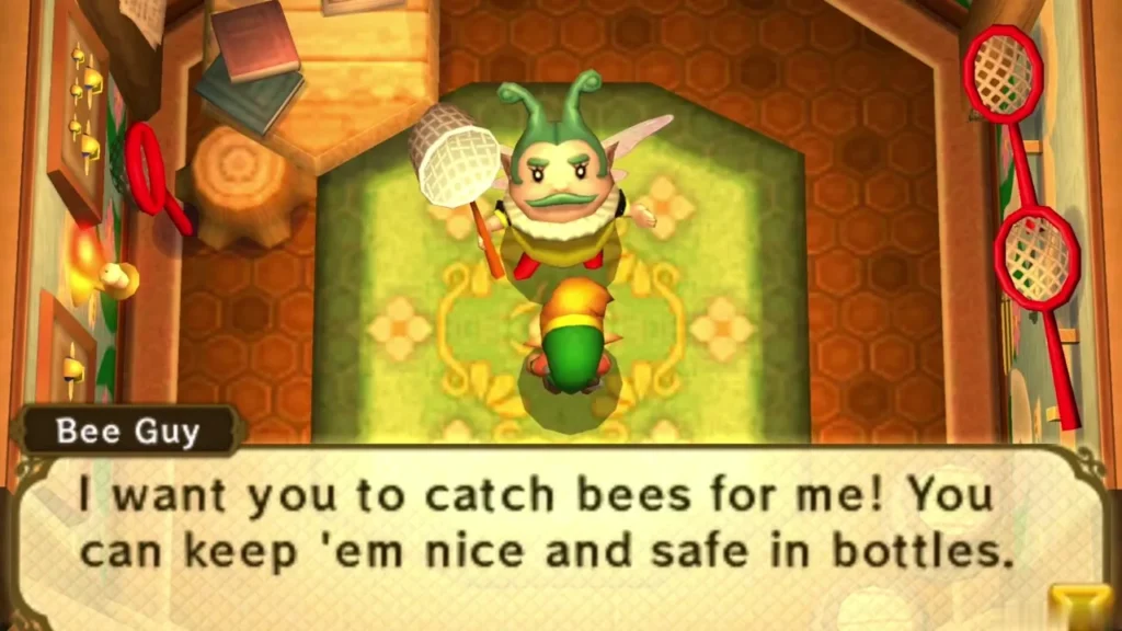 Bee Guy in his house holding a net and asking Link to catch bees and keep them in bottles
