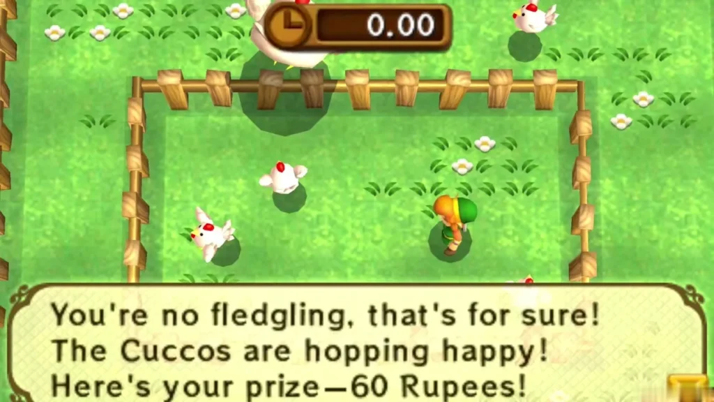 Link in the Cucco pen after clearing the Chick level, with the 60 Rupee prize message