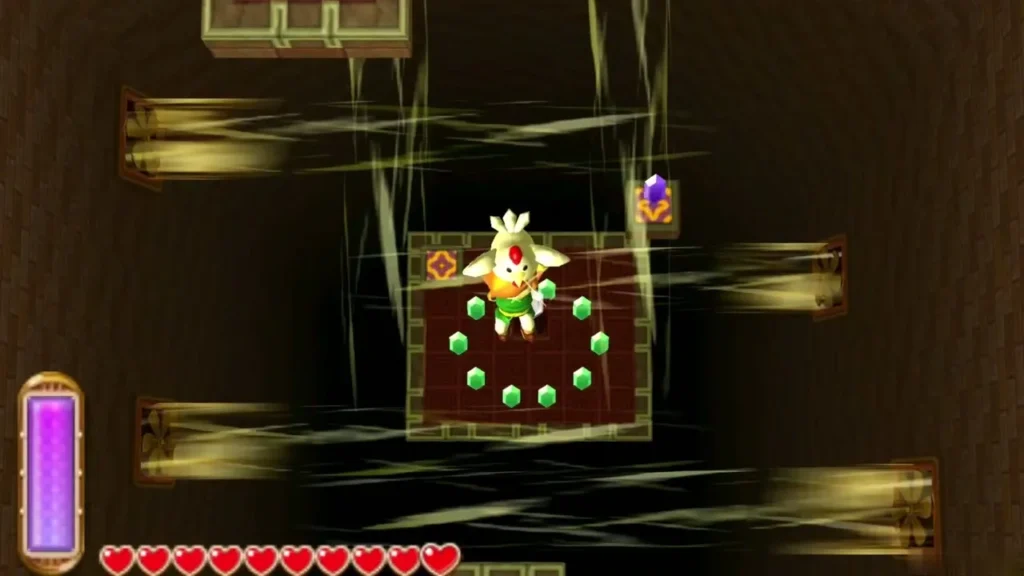 A Cucco hovering over a red carpet ringed with green rupees in a dark cave room