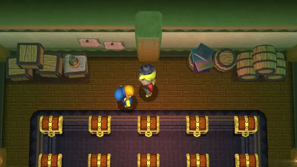 Link in the Fortune's Choice room, with rows of treasure chests on the carpet