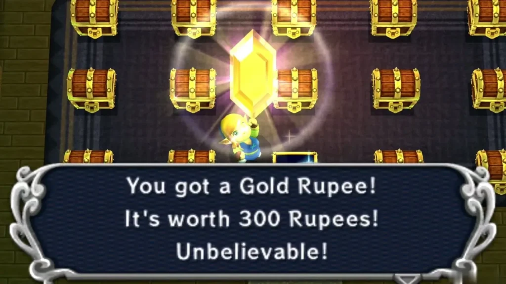 Link holding up a Gold Rupee from a treasure chest, with its worth-300-Rupees box