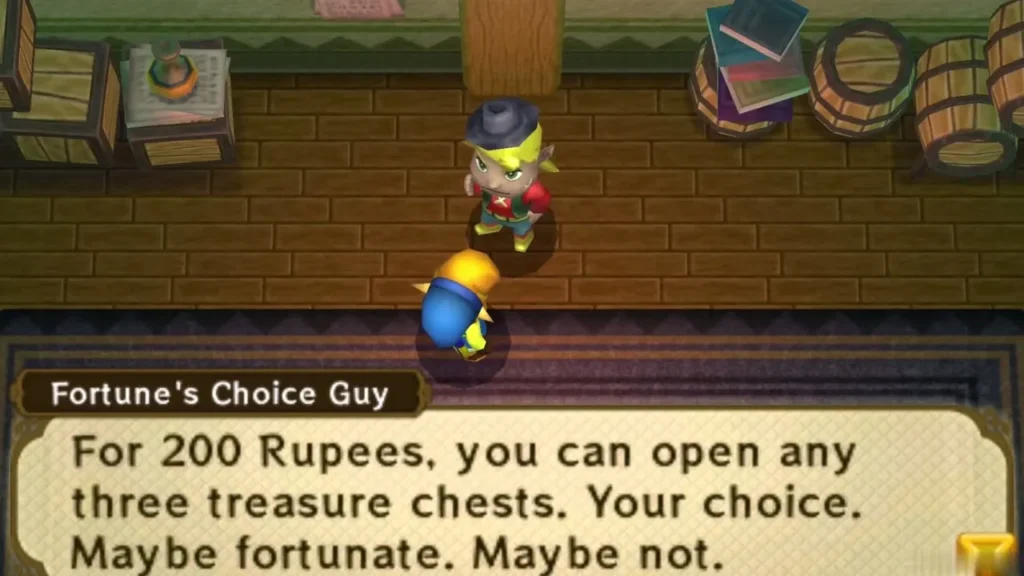 Fortune's Choice Guy in Thieves' Town explaining that 200 Rupees opens any three chests