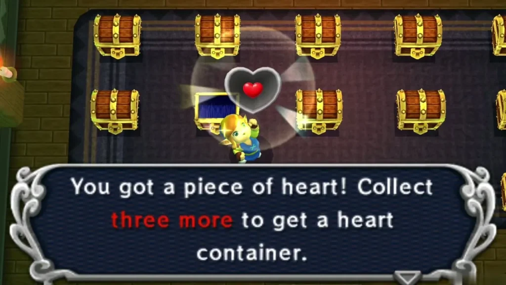 Link holding up a Piece of Heart from a chest, with the box noting three more for a container
