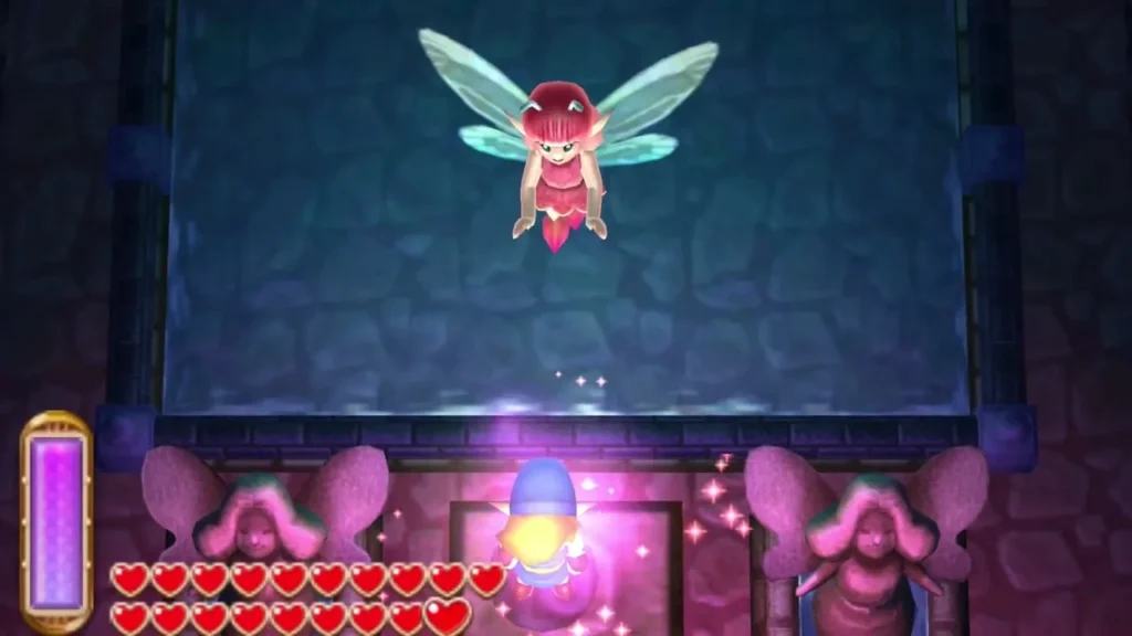 A fairy rising from the Great Rupee Fairy fountain in sparkles while Link watches from below