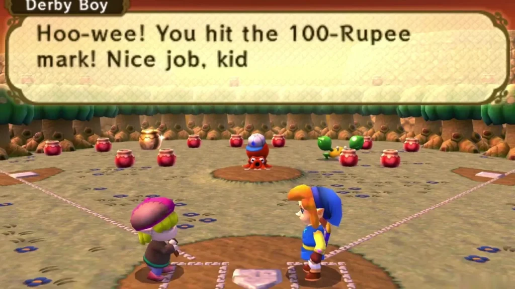 Derby Boy congratulating Link after he hits the 100-Rupee mark in the Octoball Derby