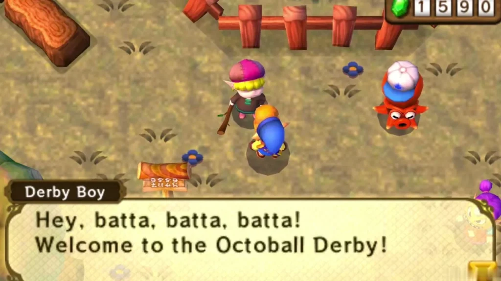 Derby Boy welcoming Link to the Octoball Derby in the Haunted Grove clearing