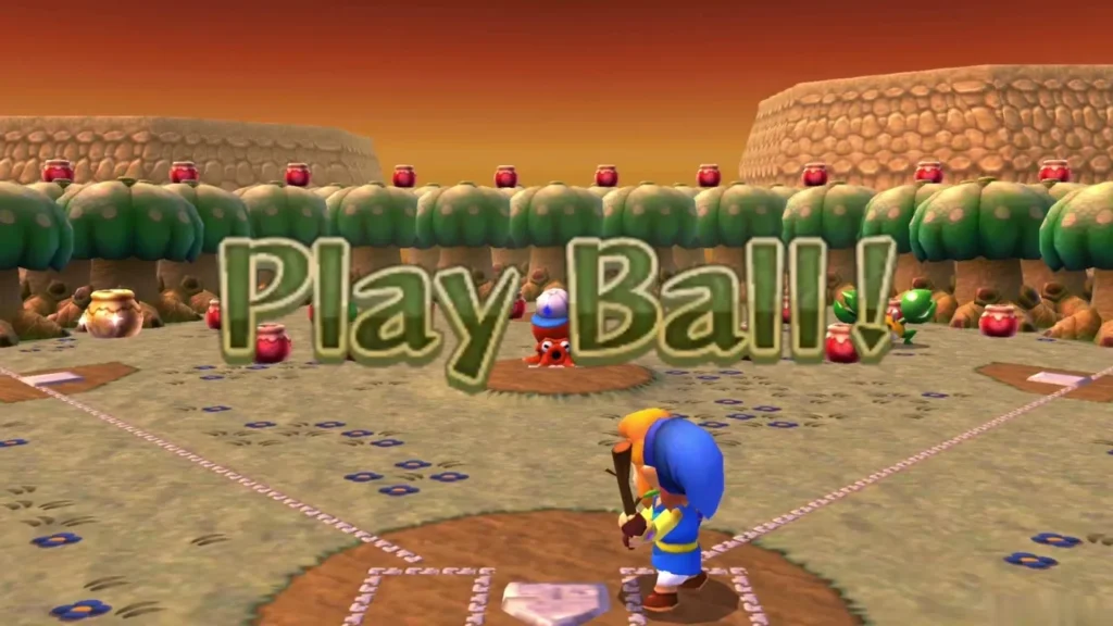 Play Ball banner over the Octoball Derby field as Link readies his bat at the plate