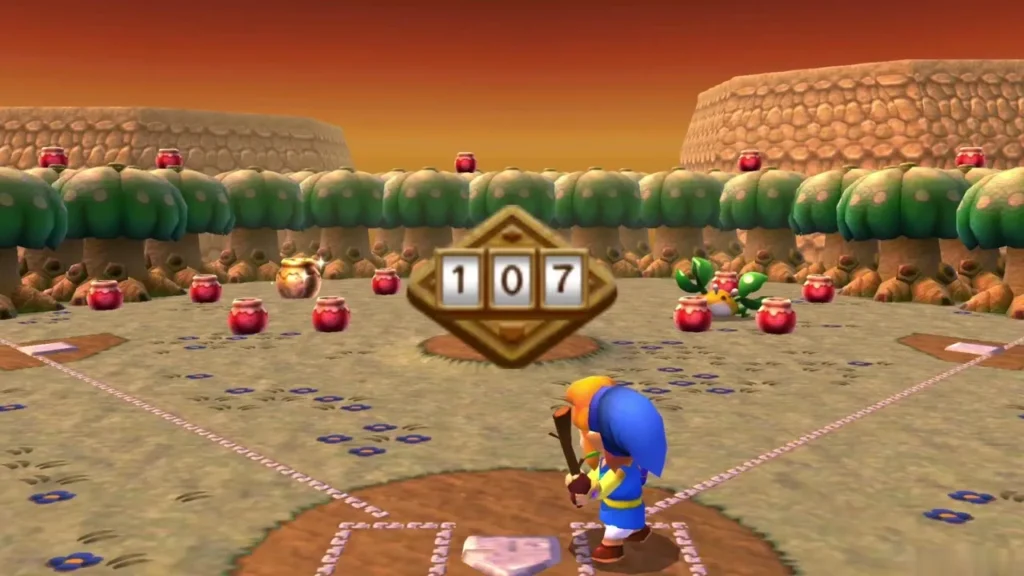 Octoball Derby scoreboard reading 107 Rupees as Link finishes his pitches