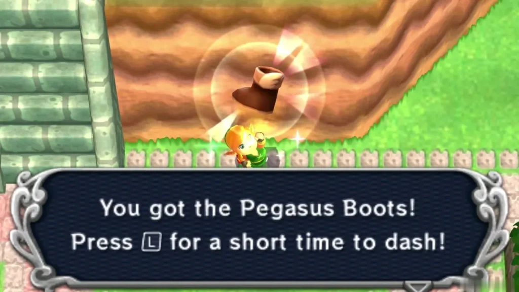 Link receiving the Pegasus Boots, with the You got the Pegasus Boots box on screen