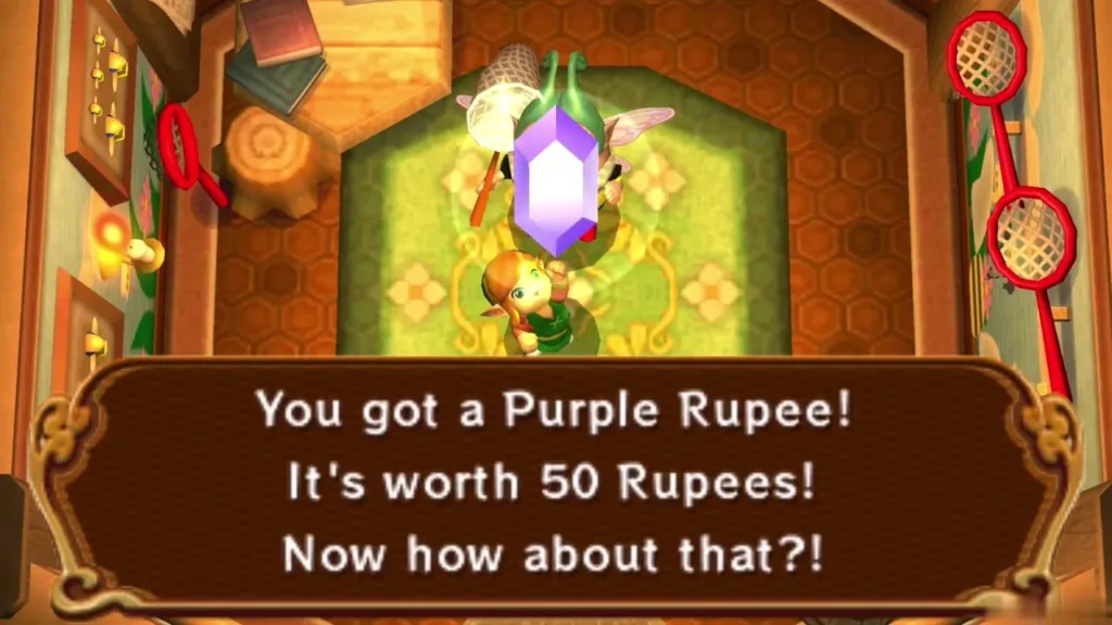 Link raising a Purple Rupee he won from a bee, with the You got a Purple Rupee box