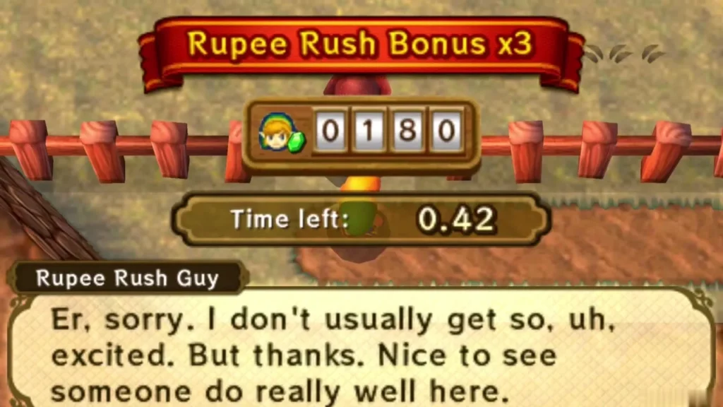 Rupee Rush Bonus x3 banner with 180 Rupees on the counter after Link's second run