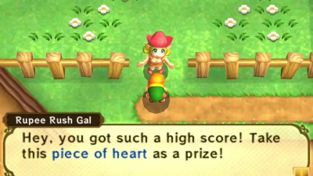 Rupee Rush Gal on a grassy course handing Link a Piece of Heart as a prize for his high score