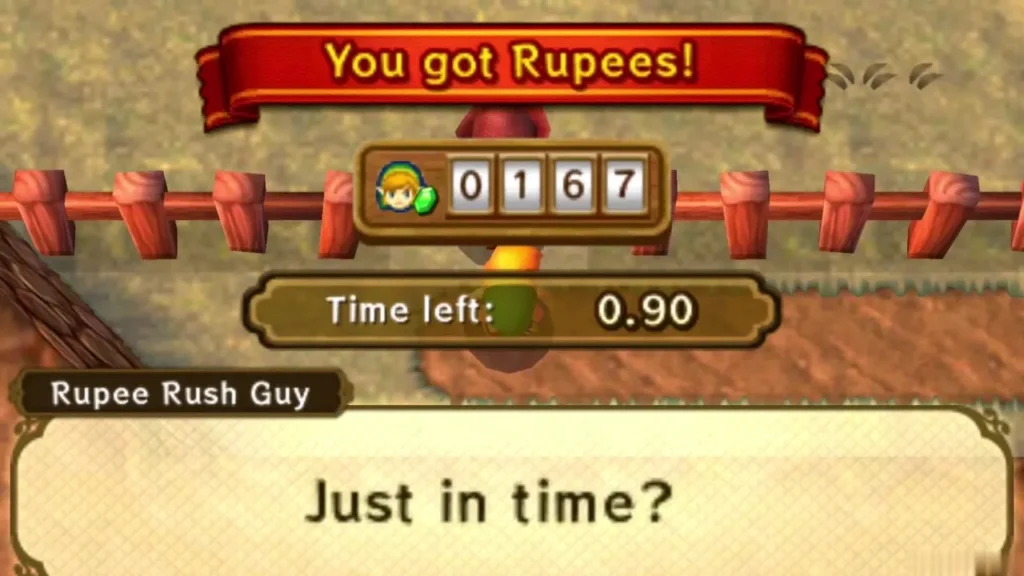 Rupee Rush Guy's Just in time box after Link's first run, with 167 Rupees on the counter