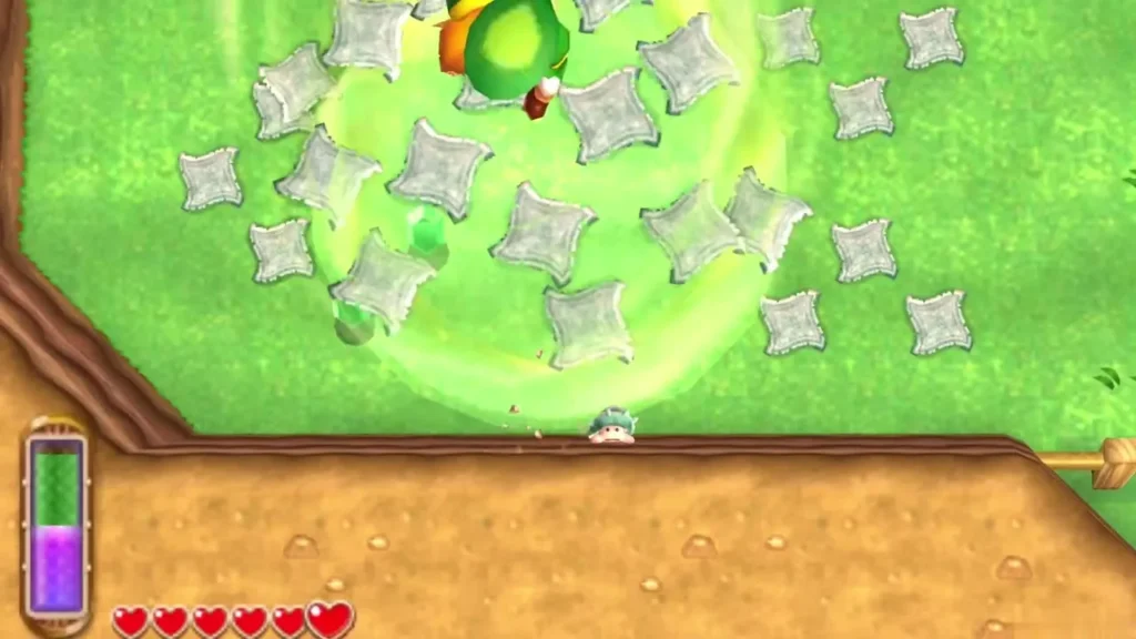 Link spinning the Tornado Rod to blow aside the stone tiles during Rupee Rush