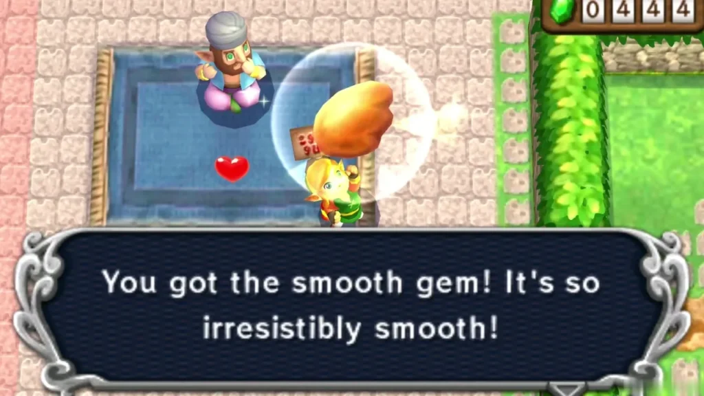 Link holding up the Smooth Gem bought from the Street Merchant, with the You got the smooth gem box