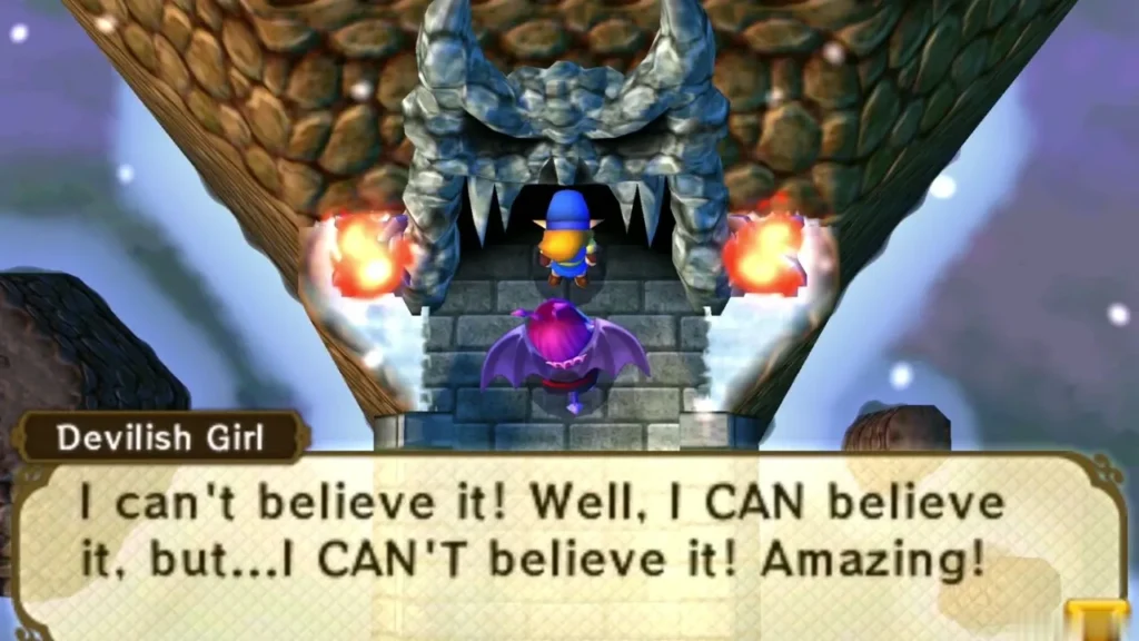 Devilish Girl reacting in disbelief as Link clears the first Treacherous Tower course