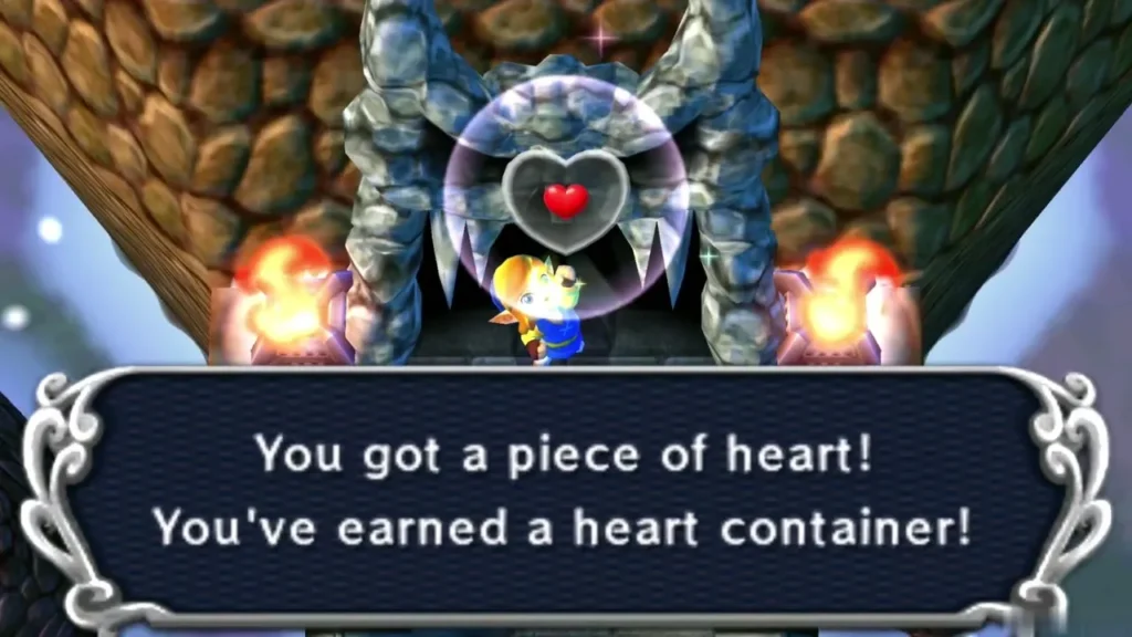 Link holding up a Piece of Heart after his first clear of the Treacherous Tower