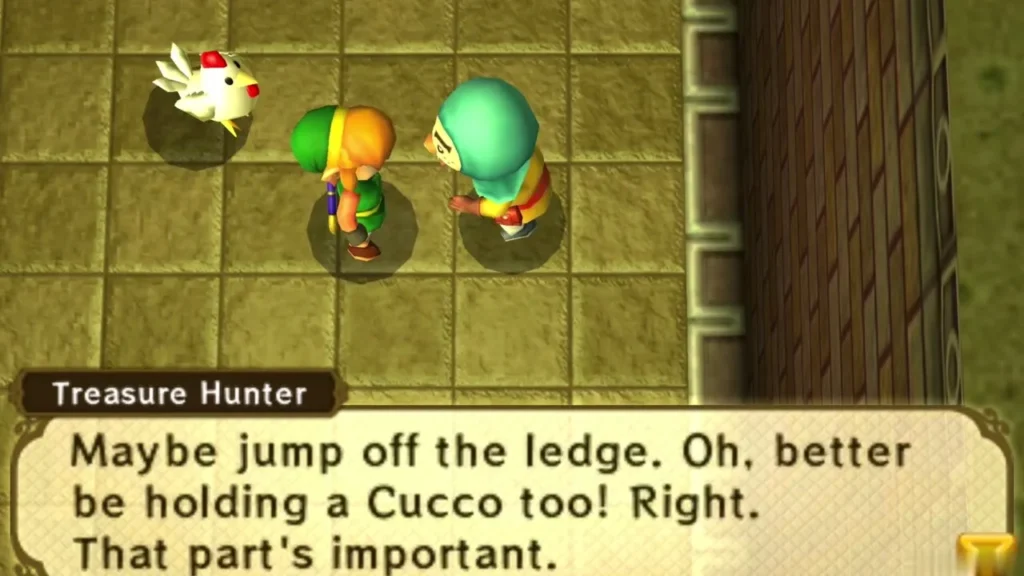 Treasure Hunter telling Link to hold a Cucco when jumping off the ledge, a Cucco beside them