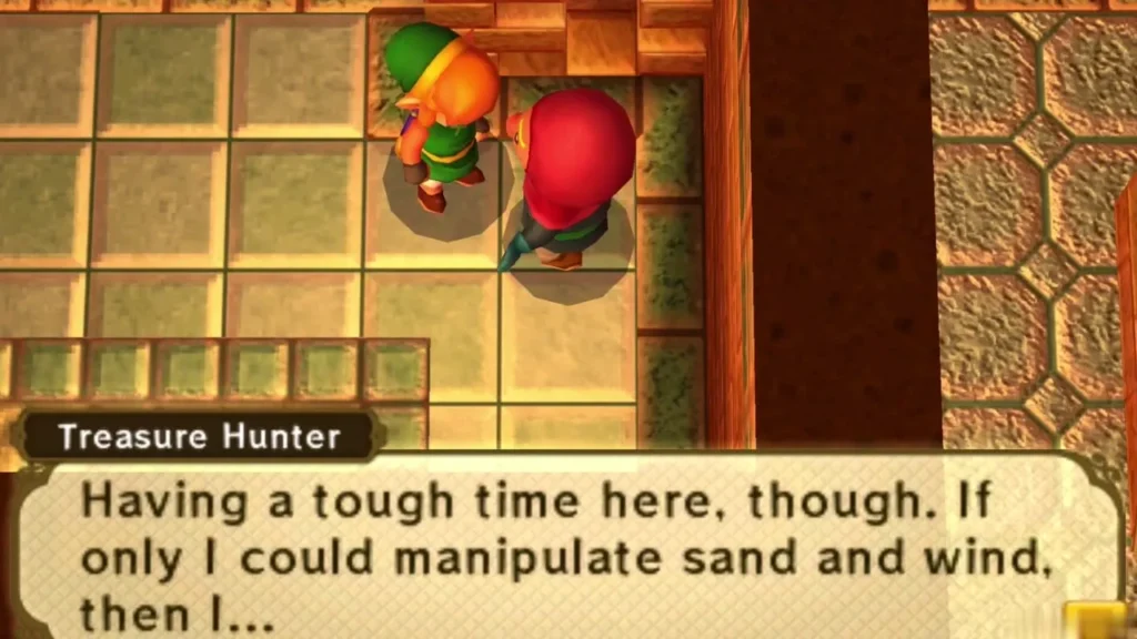 Treasure Hunter in red beside Link at the desert cave, complaining about sand and wind