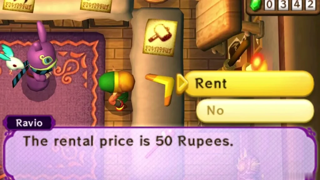Ravio quoting the 50 Rupee rental price for the Boomerang beside the rent or no choice