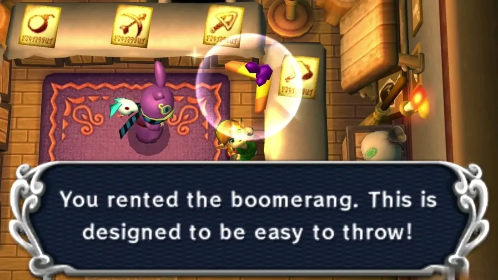 Link holding up the Boomerang after renting it, with the full message box showing