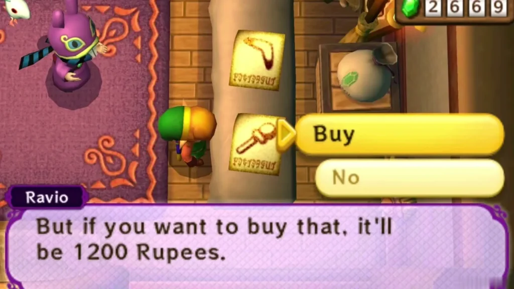 Ravio says buying the Fire Rod costs 1200 Rupees, with the Buy and No choices shown