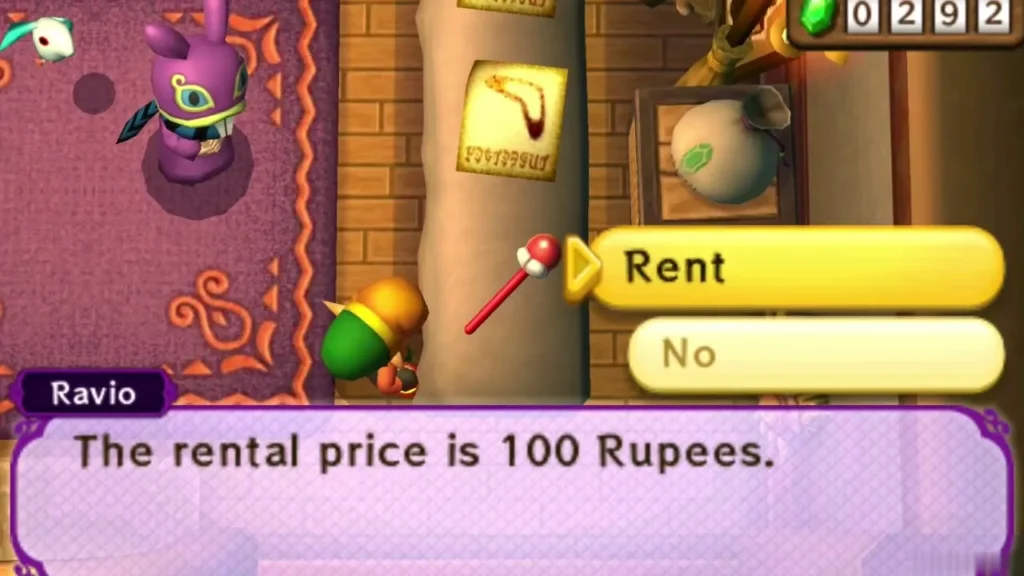 Ravio says the Fire Rod rental price is 100 Rupees, with the Rent and No choices shown