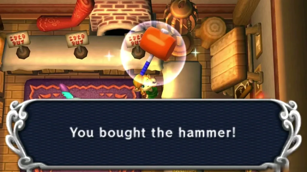 Link holding up the Hammer after buying it, with the bought message box showing