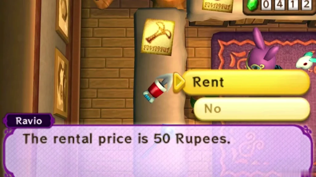 Ravio quoting the 50 Rupee rental price for the Hookshot beside the rent choice