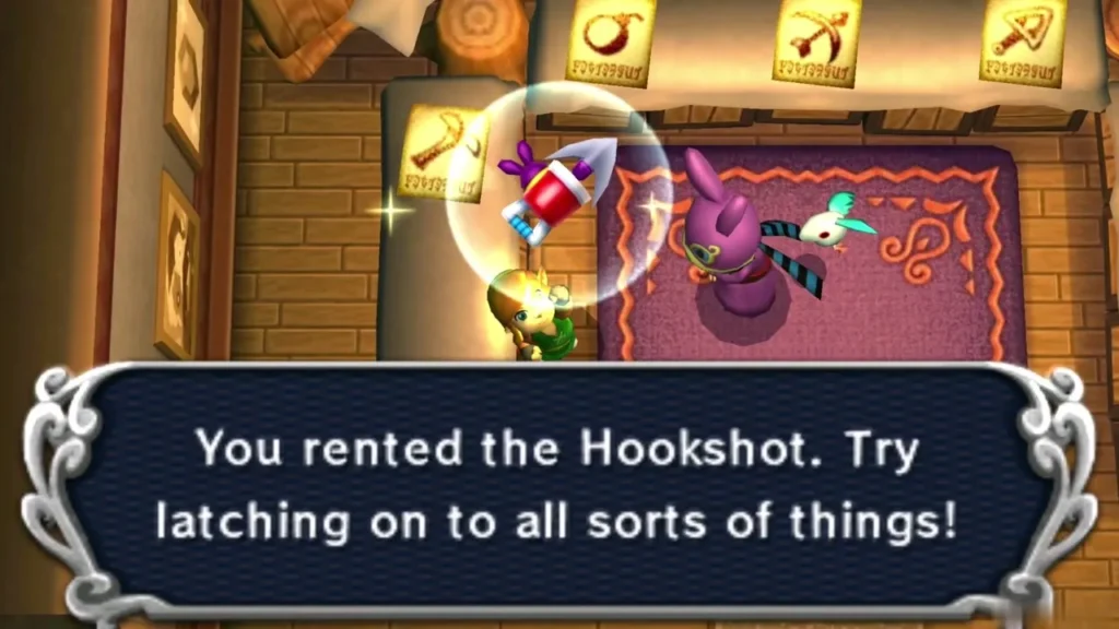 Link holding up the Hookshot after renting it, with the full message box showing