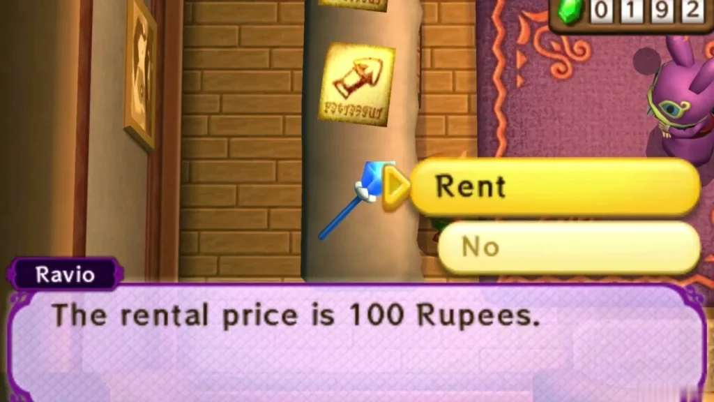 Ravio says the Ice Rod rental price is 100 Rupees, with the Rent and No choices shown