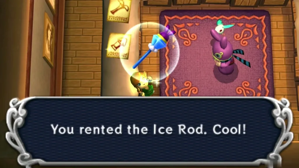 Link raising the rented Ice Rod in Ravio's shop beside the 'You rented the Ice Rod. Cool!' box
