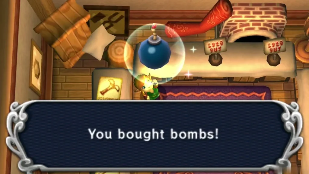 Link holds up a bought bomb under the "You bought bombs!" box