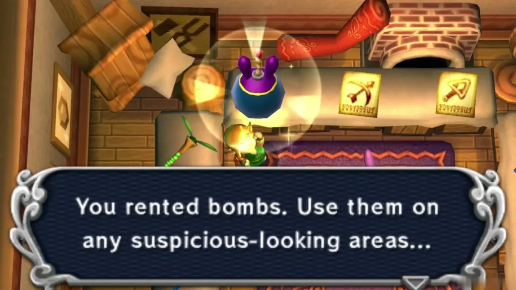 Link holds up the rented bombs under the "You rented bombs" box