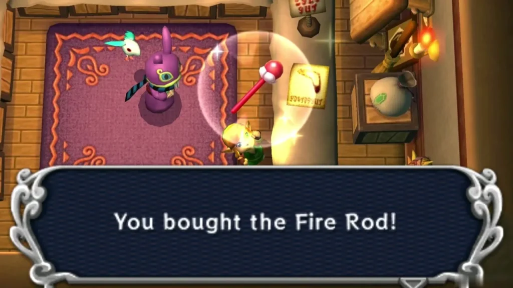 Link holds up the bought Fire Rod under the "You bought the Fire Rod!" box