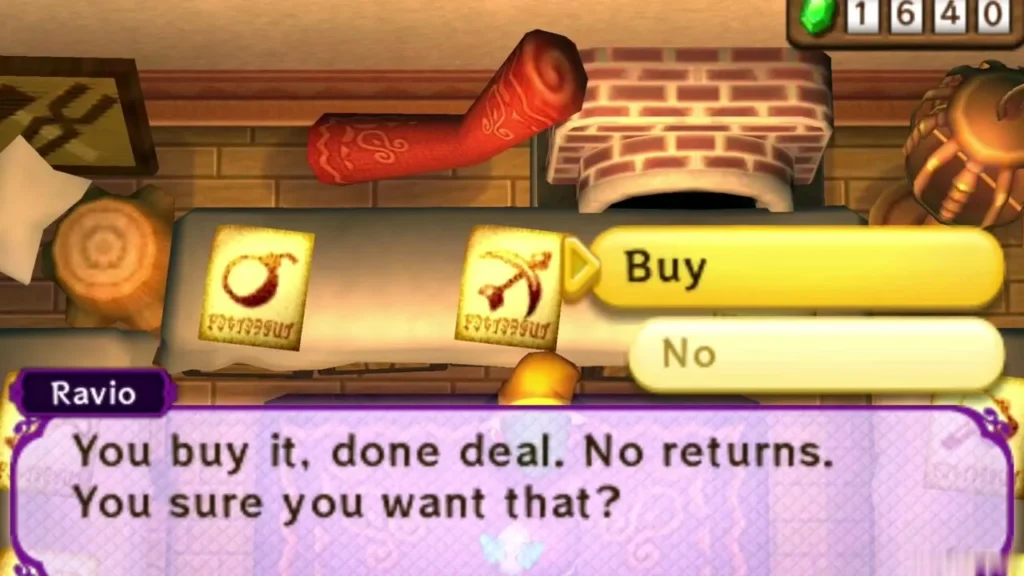 Ravio warning "You buy it, done deal. No returns" beside the Bow buy prompt