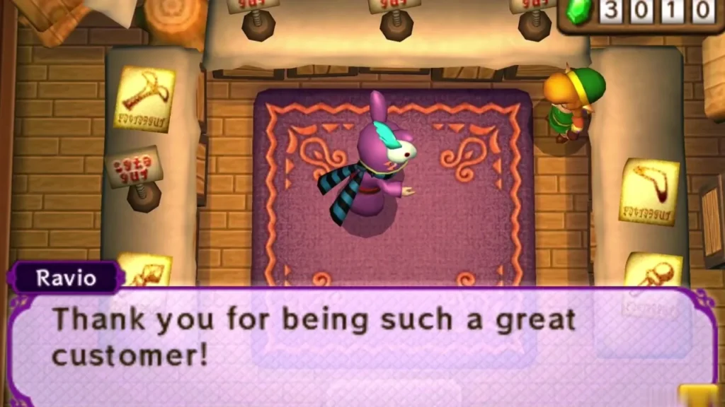 Ravio on the shop rug saying Thank you for being such a great customer