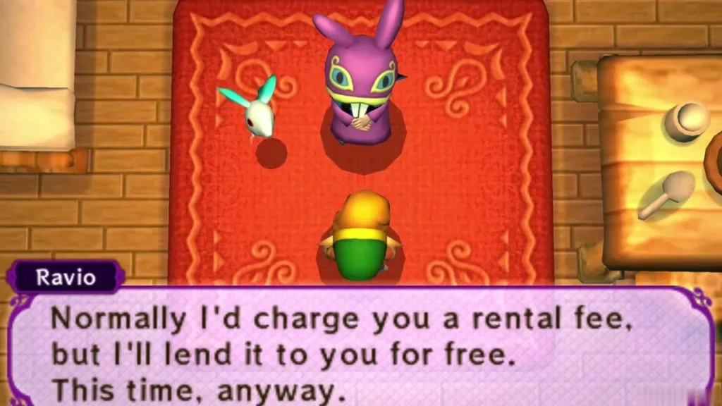 Ravio on the shop rug offering to lend Link the Bow for free this one time